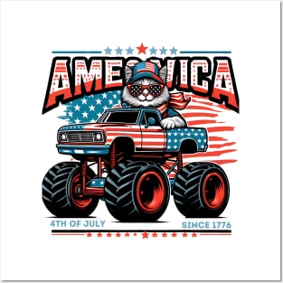 4th of July independence Monster truck Driven by a Patriot cat Posters and Art